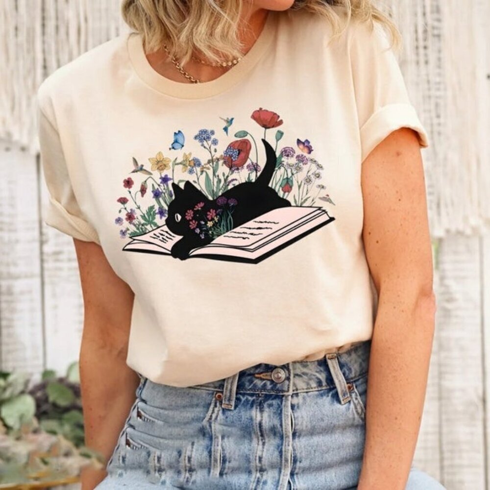 Floral Cat Shirt Cat Lover Tshirt Cat Book Shirt Cat Lover Gift